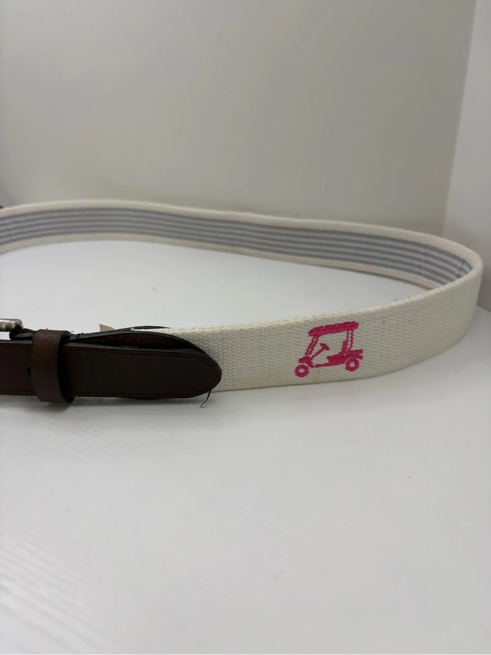 Pink Golf Cart Preppy White Canvas Brown Leather Trim Belt Size Medium